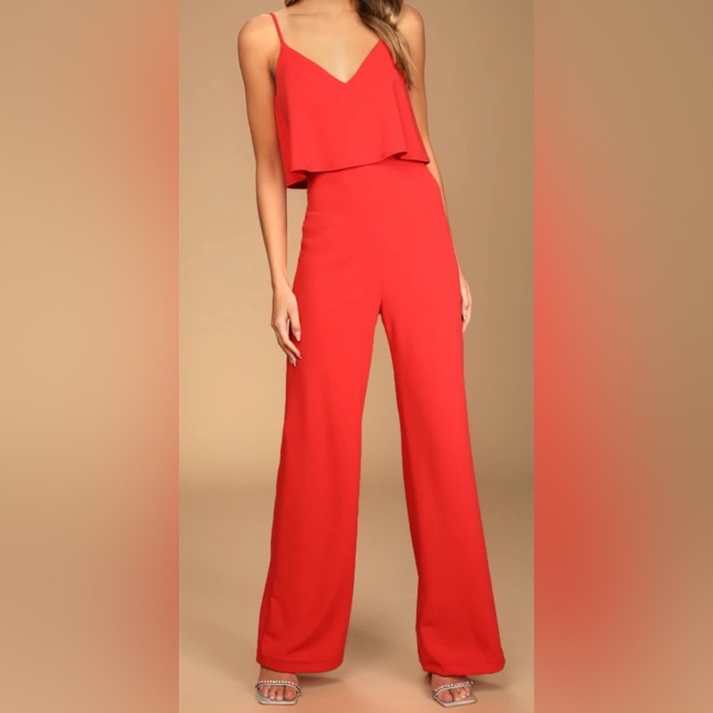 NWT Lulus Make It a Date Coral Red Sleeveless Wide-Leg Jumpsuit Date Night